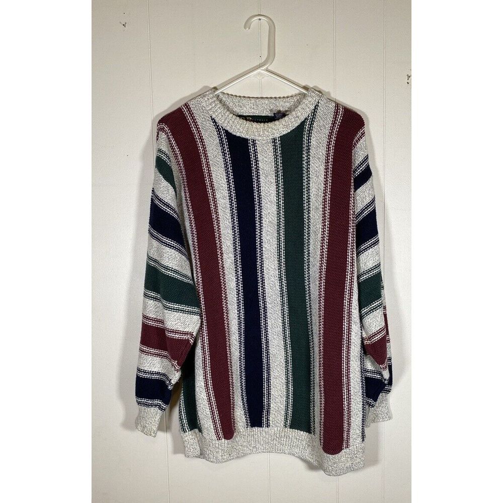 Vintage 90s crewneck striped sweater men's large grunge hippie‎ cotton USA made